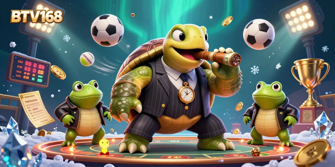 BTV168 showcases an engaging casino scene featuring a turtle mobster and bullfrogs, promoting dynamic betting excitement.