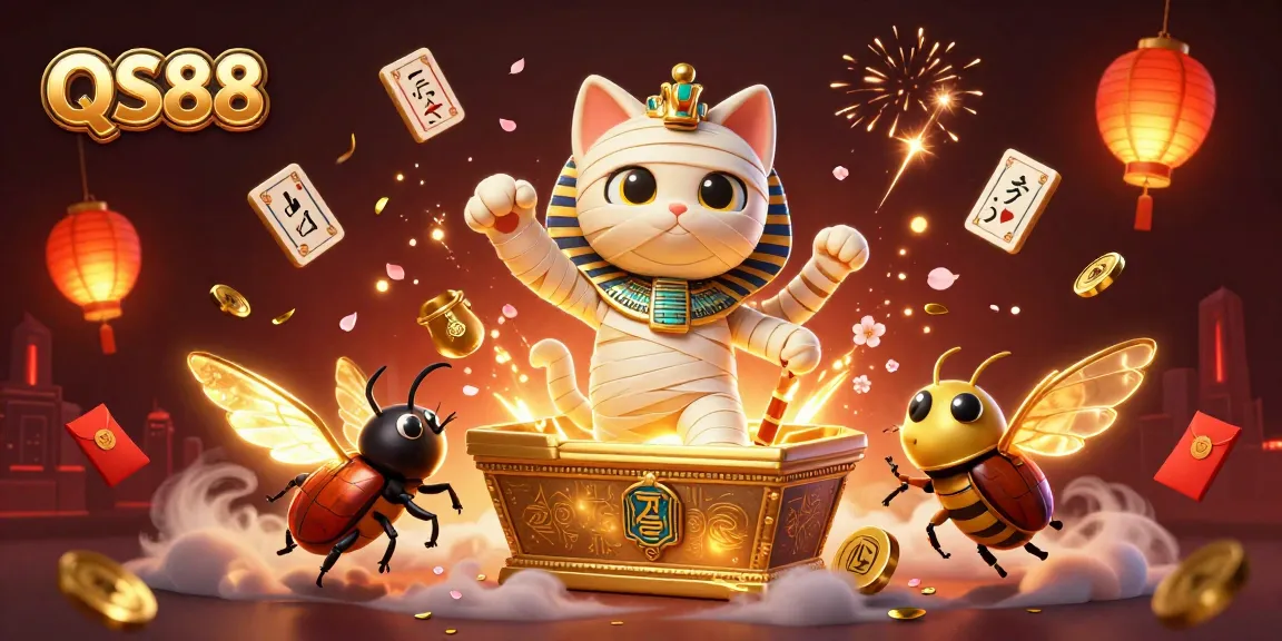 Experience thrilling gaming at QS88 with a dazzling scene of a mummy cat and floating cards in a vibrant pyramid casino.