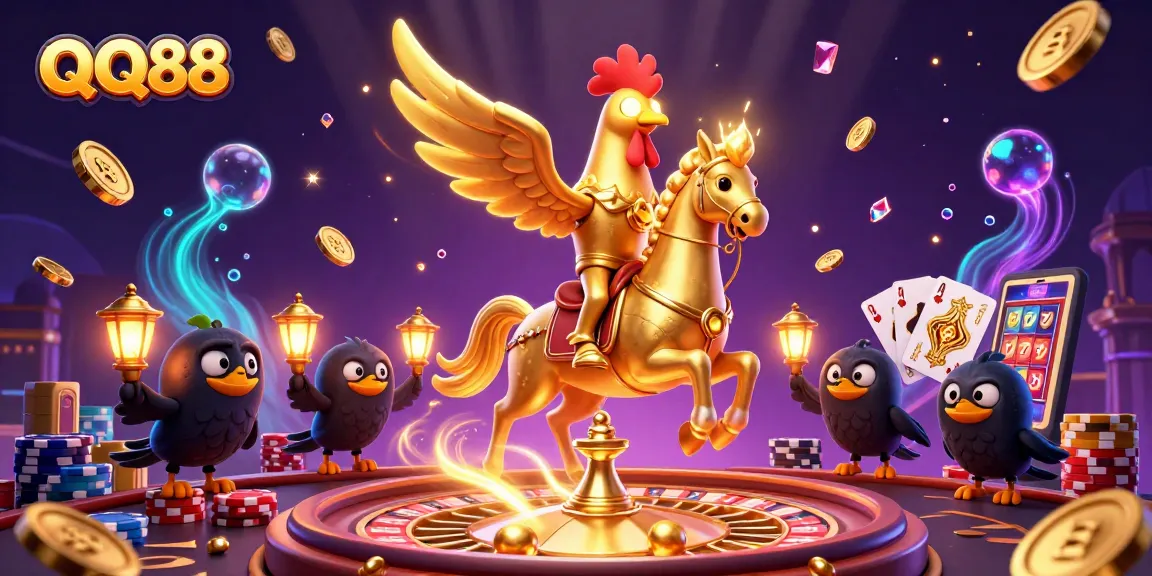 Experience excitement at QQ88 casino with golden rooster and dynamic gambling elements in vibrant 3D.
