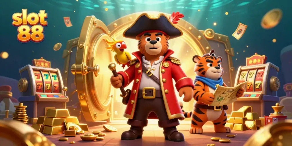 Engage in jackpot thrills with slot 88, featuring dynamic 3D pirate and treasure elements.