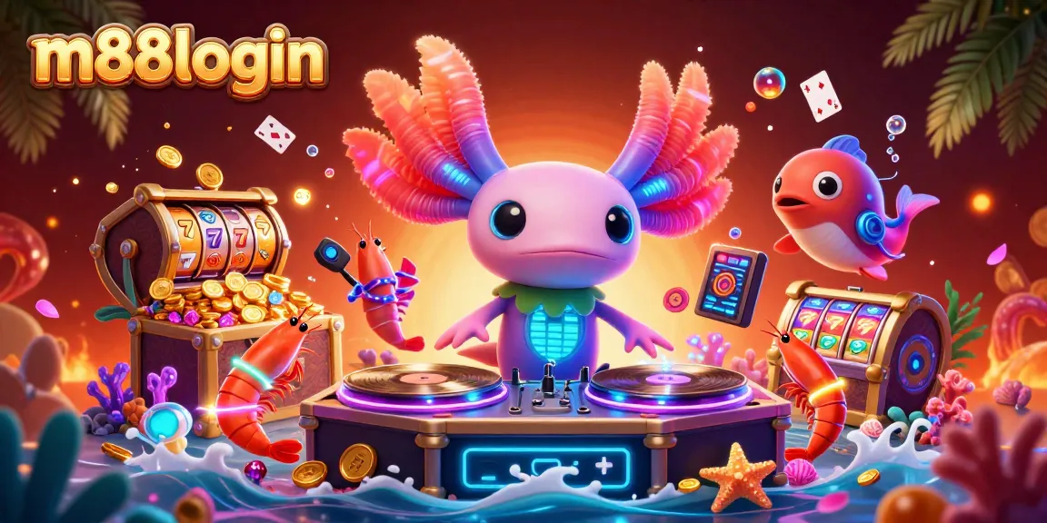 Experience vibrant m88login action with a neon axolotl DJ and slot elements in a lively underwater casino