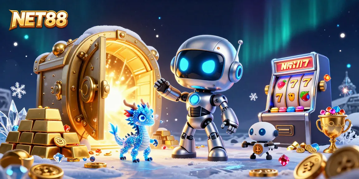 NET88 showcases a vibrant casino scene with a cyberpunk robot and holographic dragon.