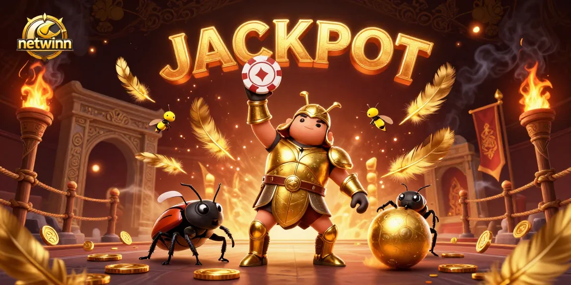 Experience the thrill of netwinn with a heroic beetle lifting a poker chip in a vibrant casino scene.