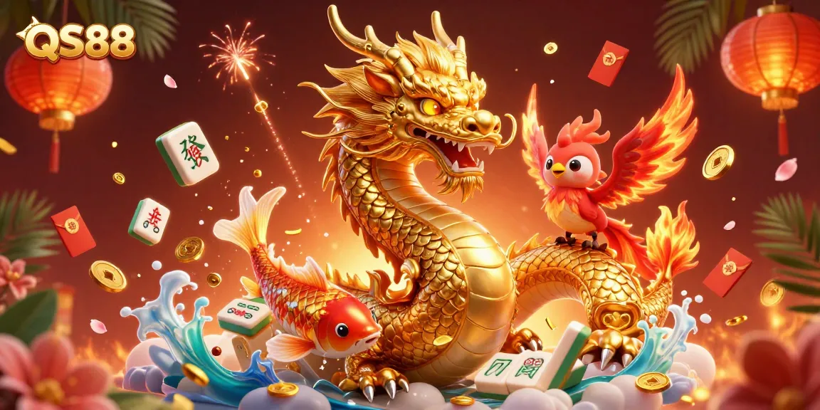 Experience dynamic gaming at QS88 with a vibrant illustration of a golden dragon, phoenix, and koi fish amidst casino elements.