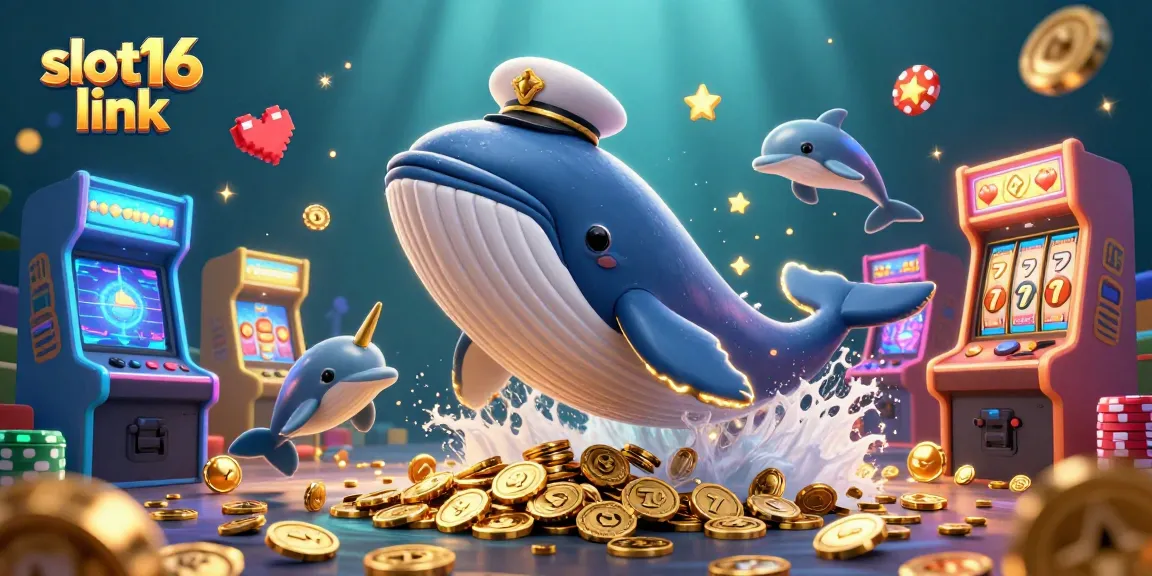 Engage with the slot16 link visual featuring a playful whale, narwhal, and dolphins amid a vibrant casino atmosphere.
