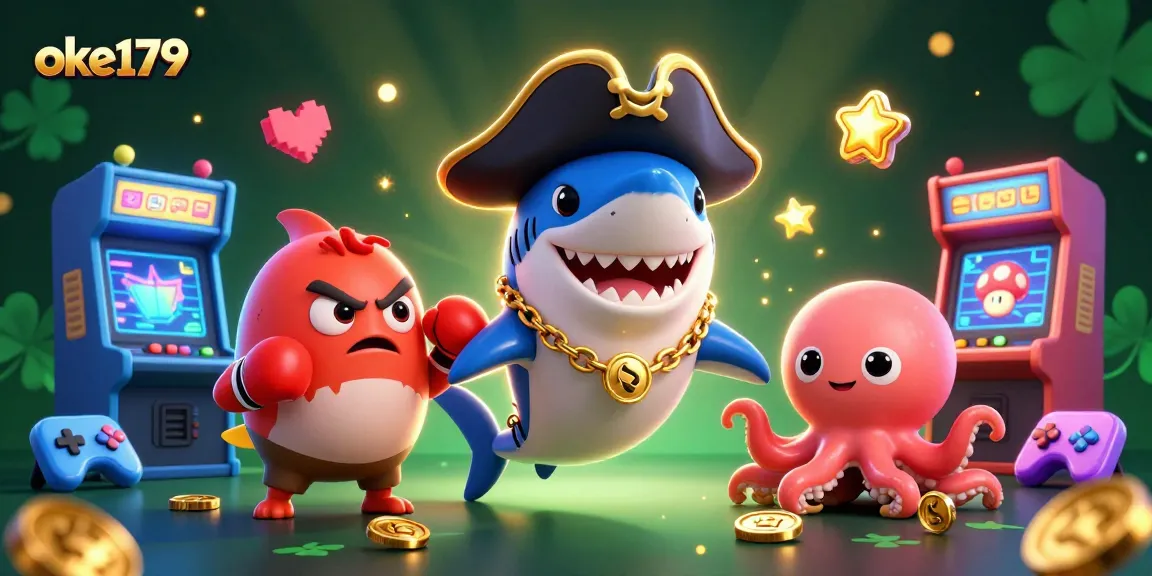 Experience thrilling gameplay with oke179's vibrant cartoon characters and casino elements.