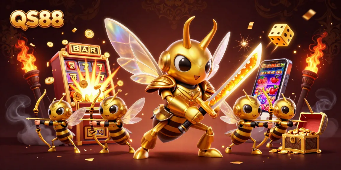 Experience gaming excitement with QS88 featuring a golden hornet samurai amidst vibrant casino elements.