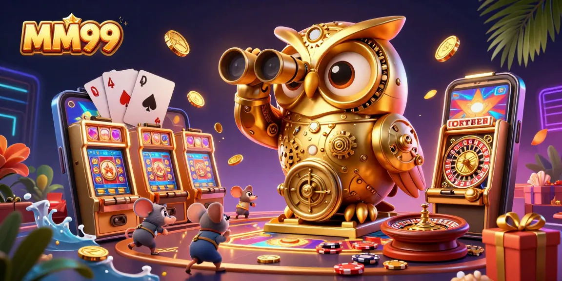 Experience thrilling gameplay at MM99 with slot machines and poker action featuring a golden owl.