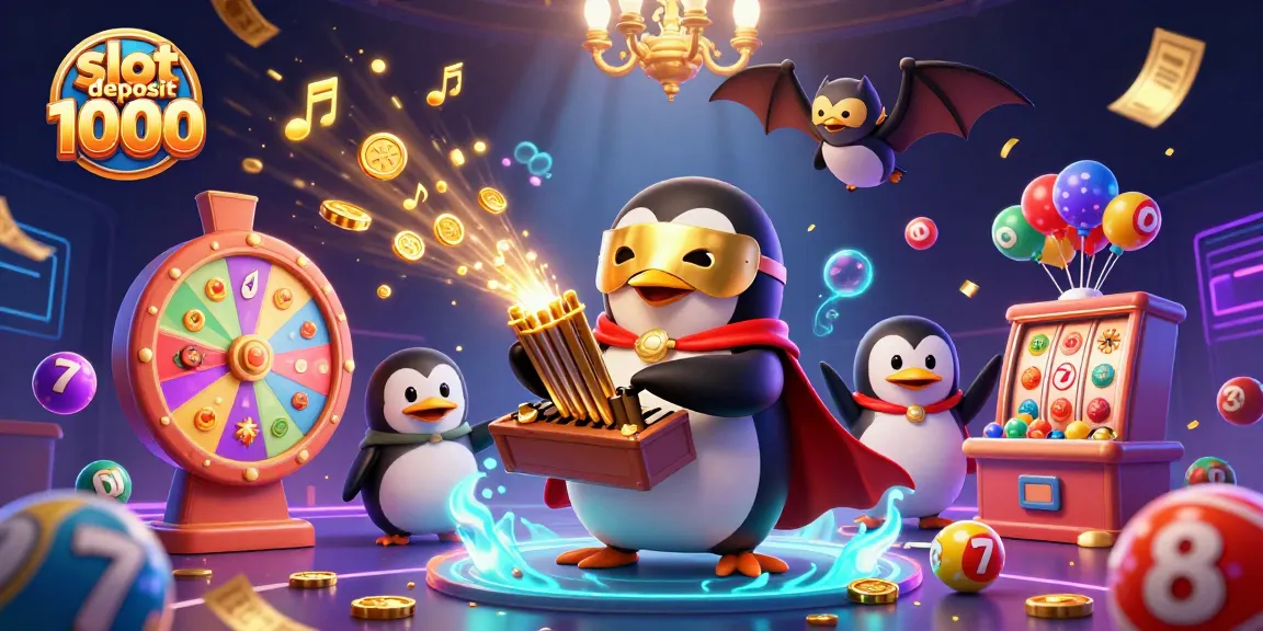 Engage in thrilling gameplay with slot deposit 1000 as colorful elements surround a cartoon penguin in a casino scene.