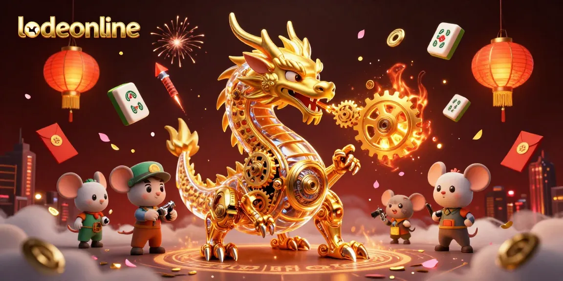 Engage with lodeonline's vibrant gambling atmosphere, featuring a golden dragon, mahjong tiles, and festive elements.