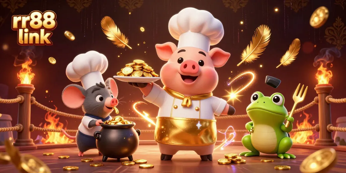 Engage with rr88 link as a chef pig serves golden coins, highlighting the excitement of online gambling.