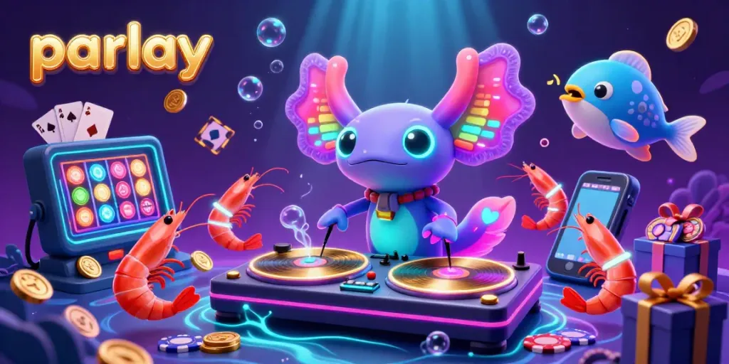 Experience the thrill of parlay betting in a vibrant underwater party scene with a DJ axolotl.