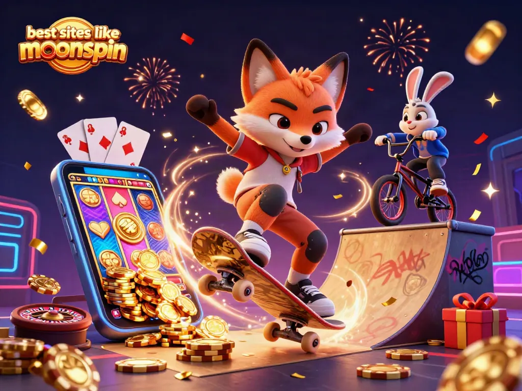 Experience the excitement of the best sites like moonspin with vibrant gaming characters and casino elements.