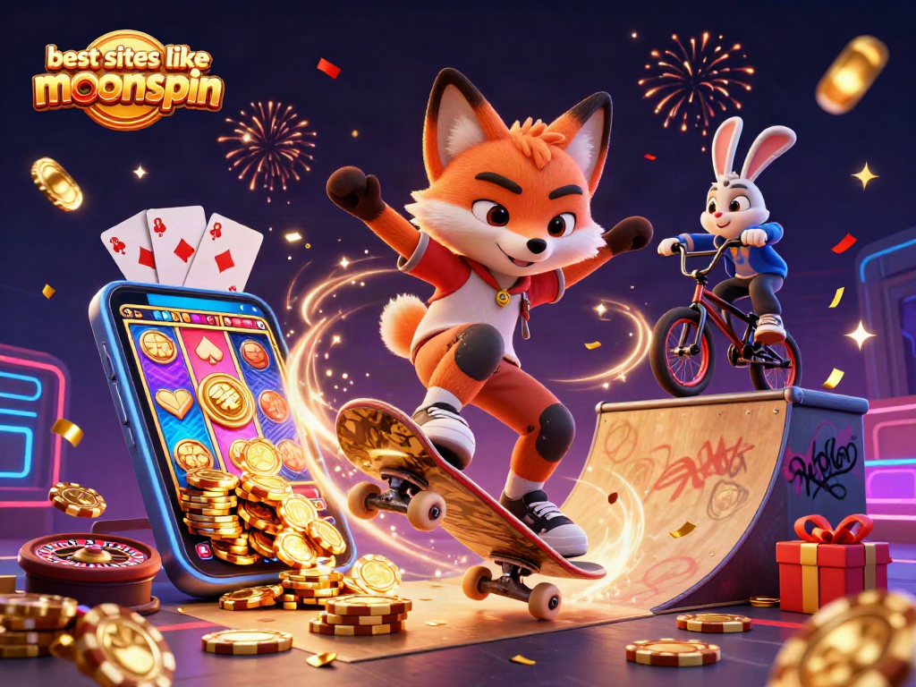 Experience the excitement of the best sites like moonspin with vibrant gaming characters and casino elements.