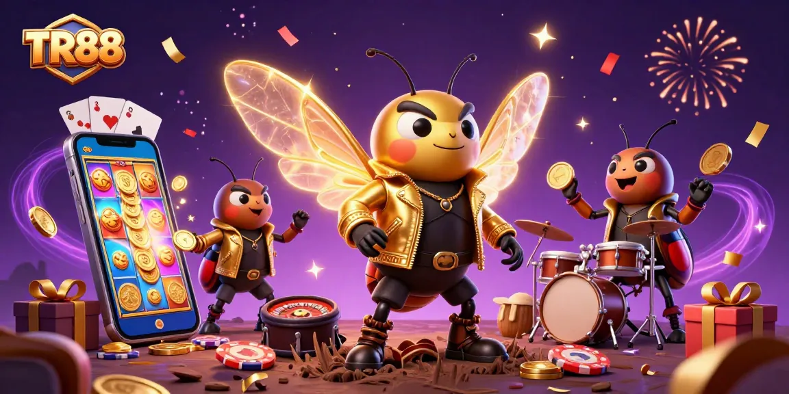 Spin and win with TR88 as a cartoon rock star leads a festive casino party.