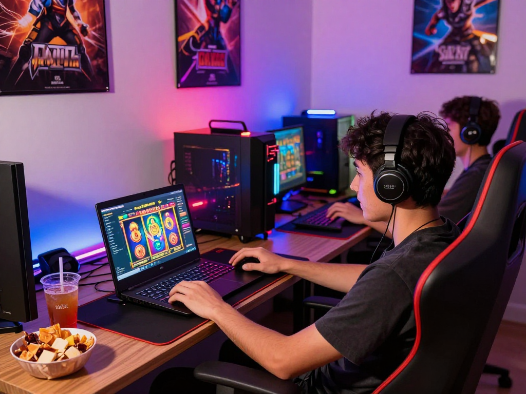 Gamer menikmati slot gacor di ruang game penuh warna dengan ambient ceria.