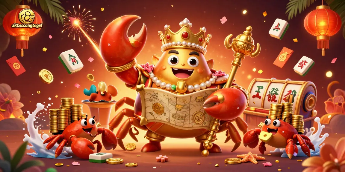 Win big with aksescongtogel featuring a golden crab emperor among vibrant casino elements.