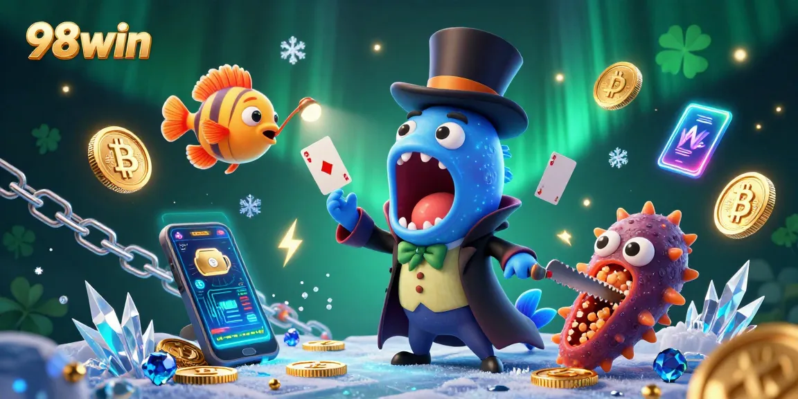 Experience the thrilling magic of gambling with 98win in this enchanting illustration featuring unique underwater characters.