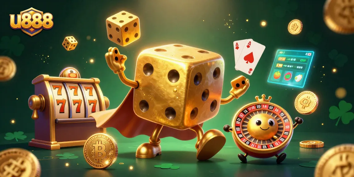 Juggle golden dice and slot reels with u888, in a vibrant casino world.