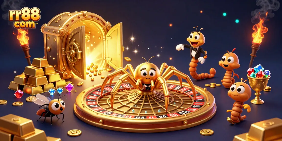 Experience thrilling gameplay at rr88 com with a golden spider weaving a roulette web, capturing excitement.