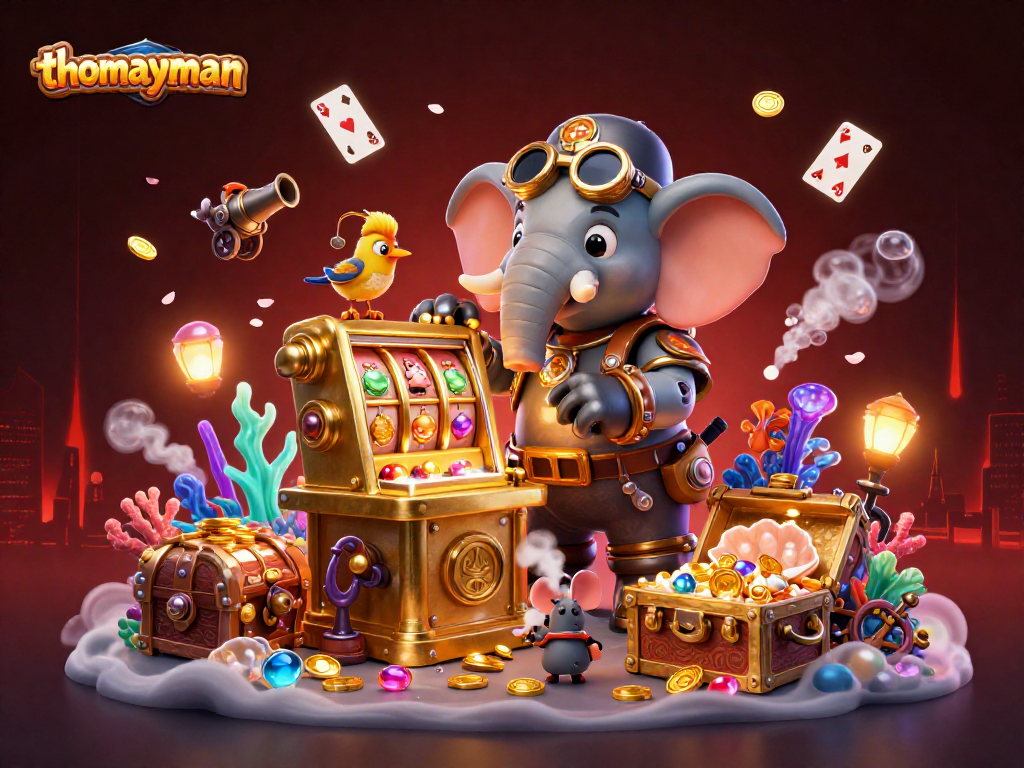 Engage in the thrilling world of thomayman with a 3D illustration of steampunk characters and dynamic gaming elements.