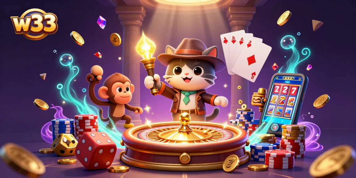 Play exciting w33 pokies in an engaging 3D casino scene with treasure and action.