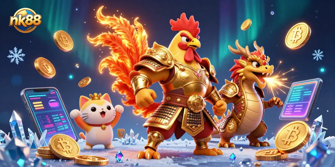 Experience thrilling gameplay at nk88 with a unique fighting rooster warrior amidst crypto coins and vibrant gaming elements.