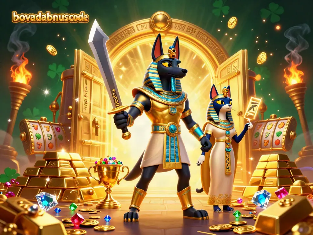 Experience the thrill with bovadabonuscode in a vibrant 3D Egyptian-themed casino scene full of treasures and gaming elements.