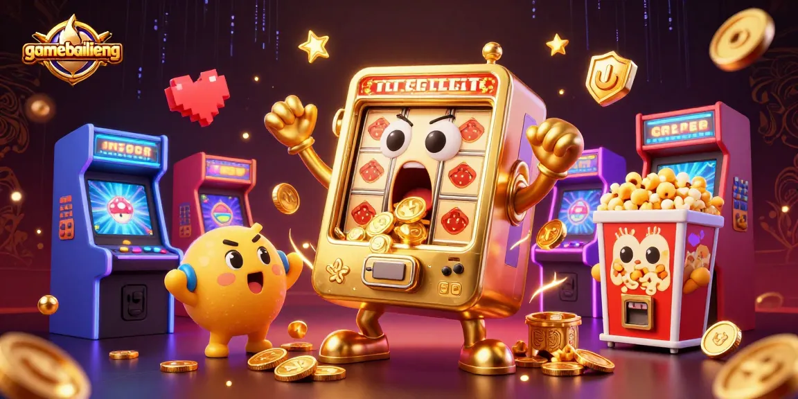 Experience the excitement of gamebailieng with a golden slot machine hitting the jackpot surrounded by cheering companions.