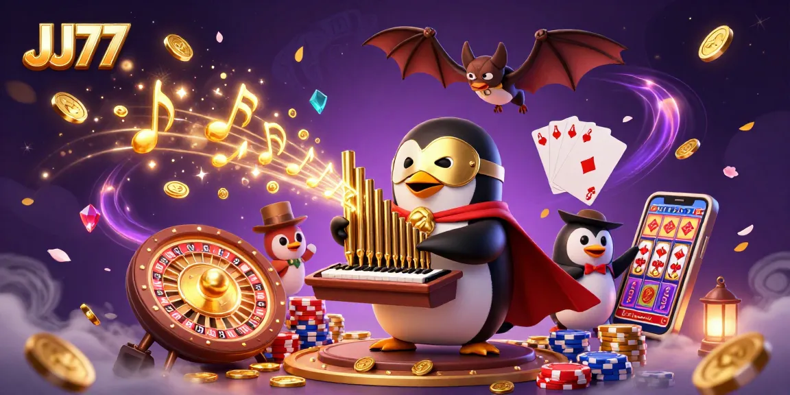 Experience JJ77's thrilling gaming adventure with a phantom opera penguin amid golden coins and acrobats.