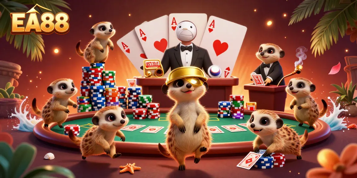 EA88 meerkats operatively running a dynamic casino scene filled with lively poker elements.