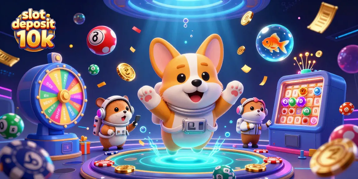 Experience the thrill of slot deposit 10k with a colorful 3D casino scene featuring a playful corgi and dynamic gaming elements.