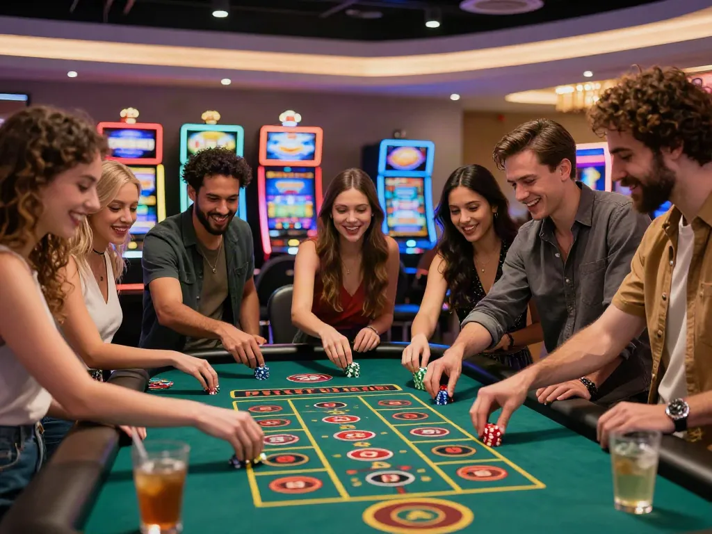 Parsbet ile canlı casino ortamında eğlenceli bir grup arkadaş oyuna katılıyor.