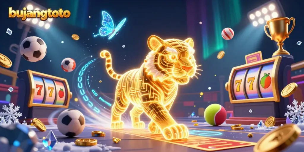 Bujangtoto showcases a neon golden tiger in a digital casino, immersed in a vibrant sports betting scene.