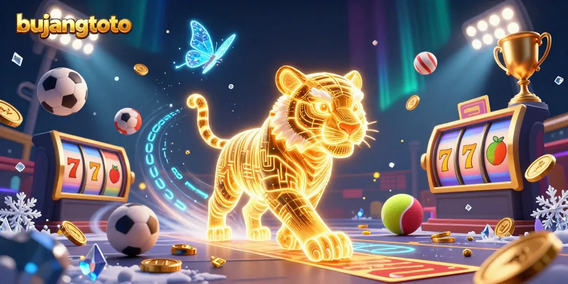Bujangtoto showcases a neon golden tiger in a digital casino, immersed in a vibrant sports betting scene.