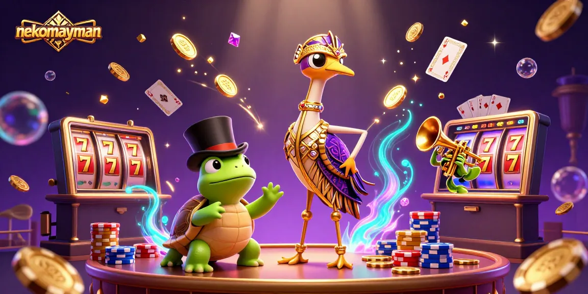Engage with nekomayman as colorful characters play slots, illuminating the casino atmosphere.