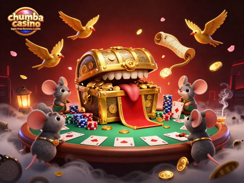 Engaging scene showcasing chumba casino login free bonus codes with a cartoon treasure chest and dynamic poker elements.