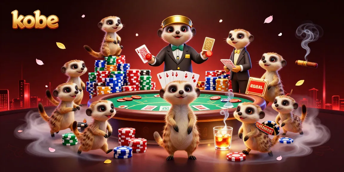Experience kobe's vibrant casino scene with 3D meerkats at an energetic poker table.