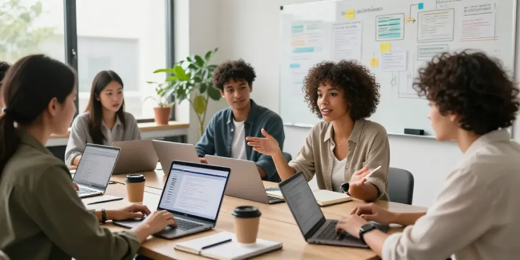Collaborative team discussing AI copywriting software in a vibrant modern co-working space.