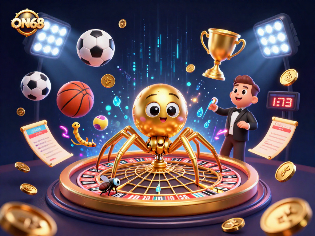 Experience ON68's thrilling gameplay with a golden spider spinning roulette web as sports balls soar around.