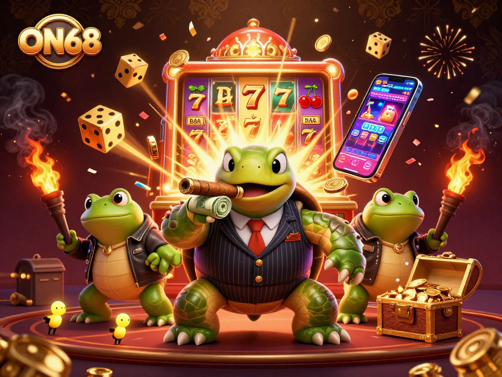 Spin to win with ON68 as a charming snapping turtle leads two bullfrog enforcers in this vibrant casino scene.