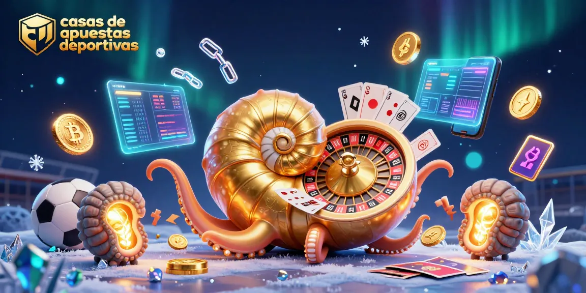 Visualiza casas de apuestas deportivas con un nautilus gigante, elementos deportivos y criptomonedas brillantes.