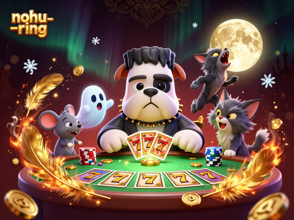 Nohug-ring game: A lively scene with casino elements, featuring a Frankenstein bulldog and werewolf kitten.