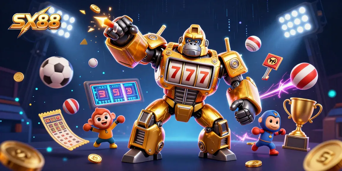 SX88 players enjoy dynamic sports betting action with an exciting golden mech and vibrant sports elements.