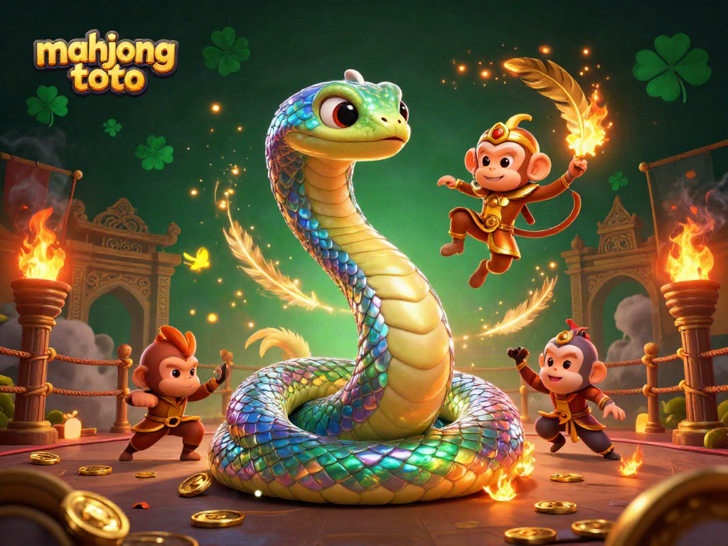 Engage in mahjong toto with a vibrant illustration of playful characters in a dynamic casino setting.