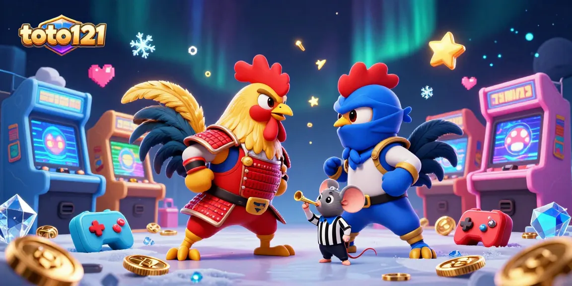 Engage with tol121's thrilling fights as roosters clash and coins gleam in this vivid gaming scene.