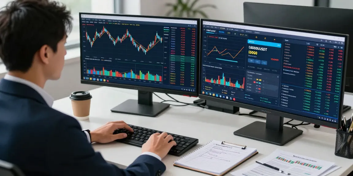 In a professional trading environment, an individual analyzes hyperliquid referral code is (8000USDT) while engaging with real-time cryptocurrency data on multiple monitors.