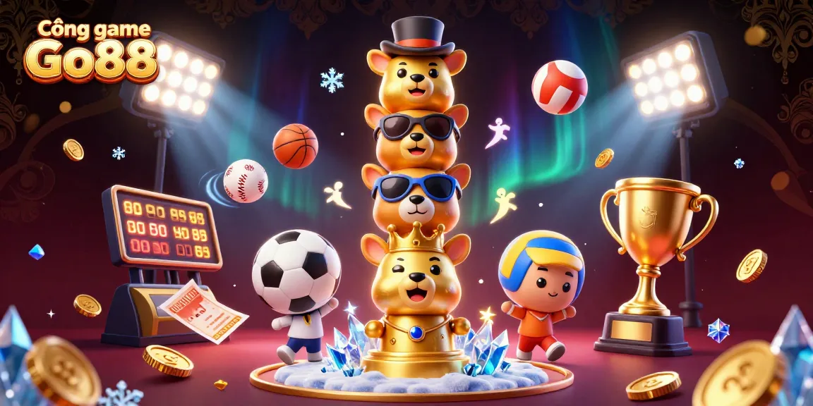 Cổng game Go88 showcases vibrant 3D casino elements with interactive sports balls and dynamic illustrations.