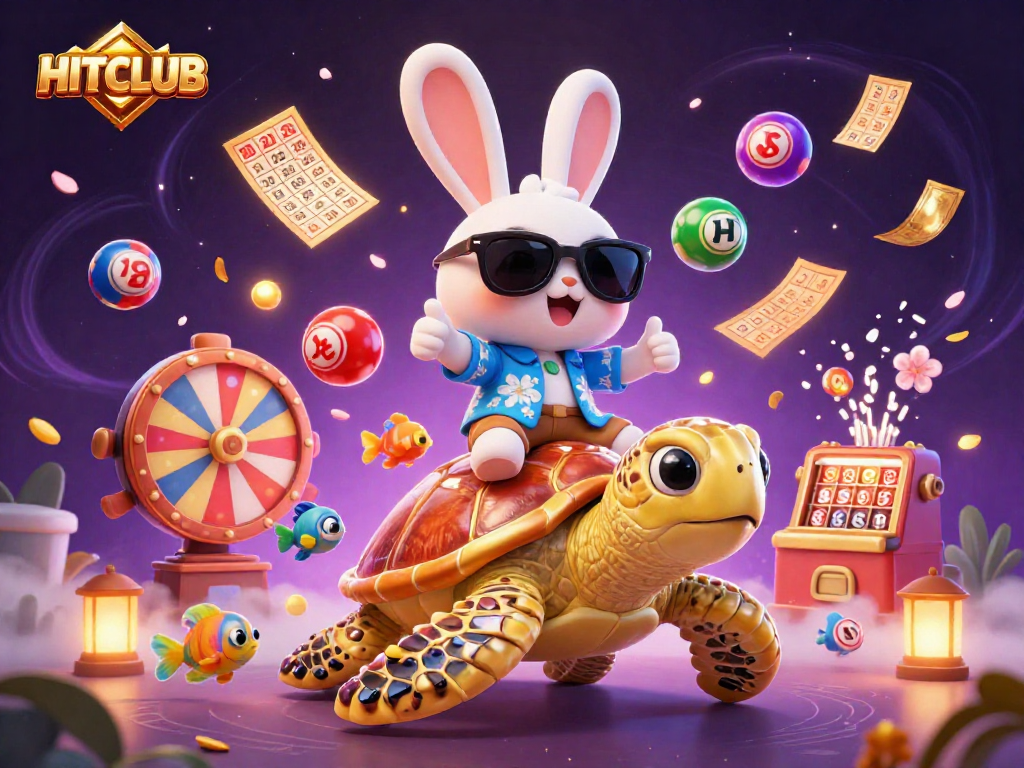 HITCLUB players enjoying vibrant casino fun with a lucky rabbit and golden turtle in a lively illustration.
