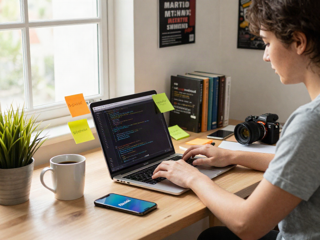 Pikashow apk download depicted in a vibrant home office with tech equipment, showcasing productivity and focus.